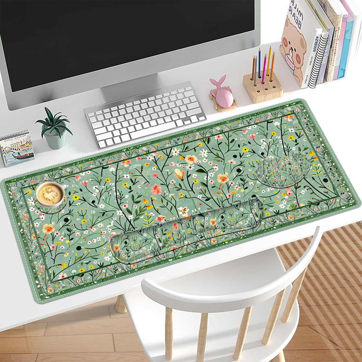 Lauspuck Floral Desk Mat, 4in1 Large Mouse Pad with Wrist Rest, Anti-Slip Desk Pad for Desktop, XXL