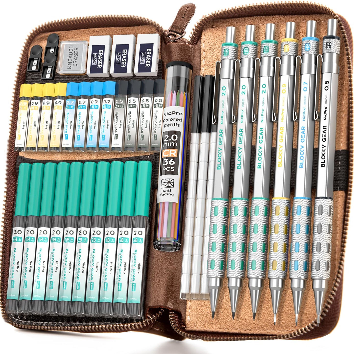 Nicpro Blocky Gear Metal Mechanical Pencil Set with Leather Case