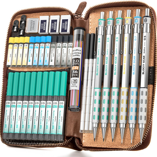 Nicpro Blocky Gear Metal Mechanical Pencil Set with Leather Case
