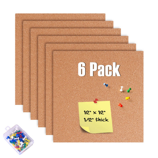GARDYUE 6 Pack Cork Bulletin Board 12 x 12 Inch - 1/2" Thick Cork Board Tiles,Self-Adhesive