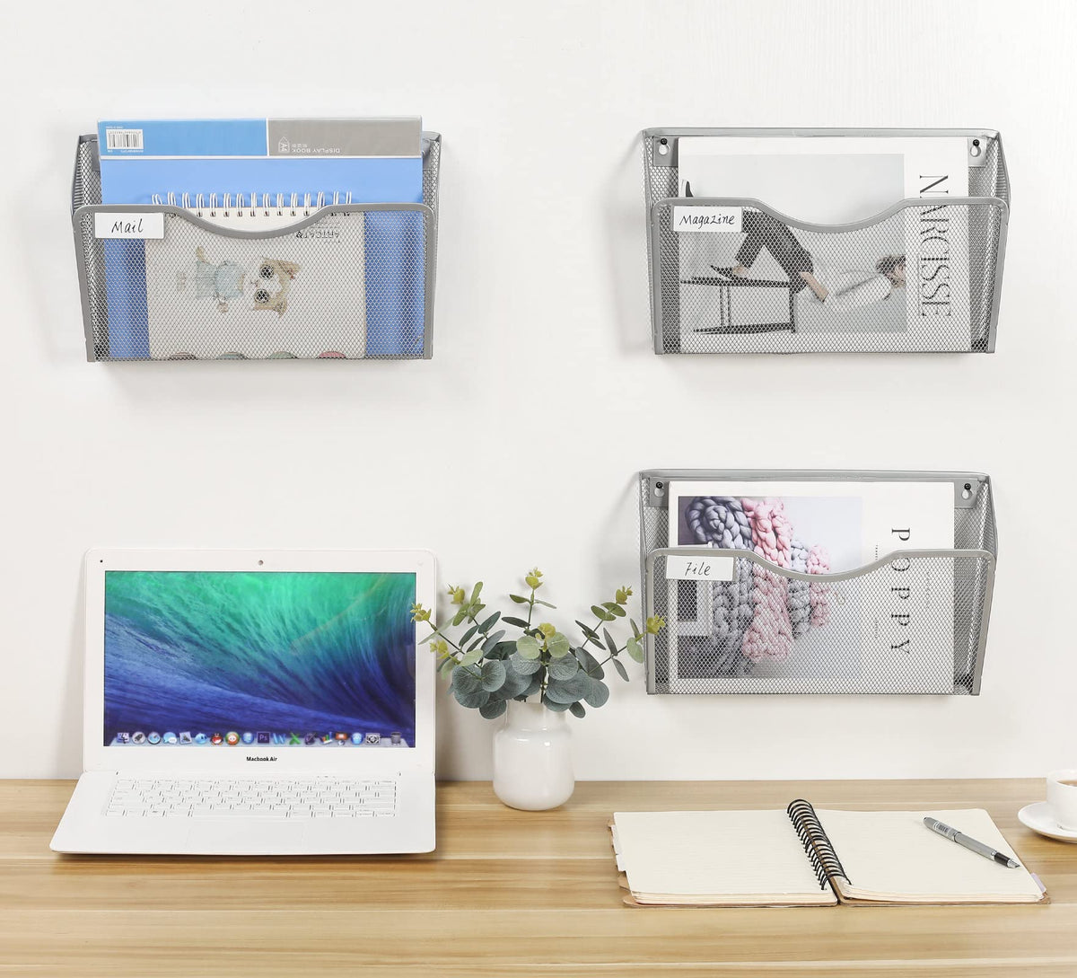 EasyPAG 3 Pack Wall File Organizer with Label Panel, Metal Mesh Hanging File Folder Holder for
