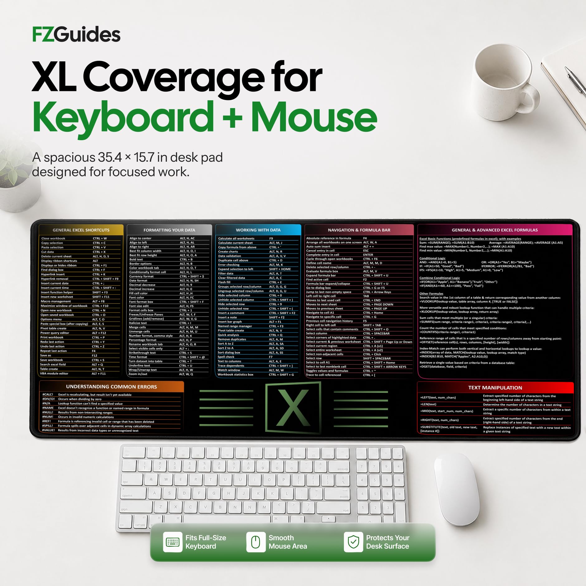 FzGuides Large Excel Cheat Sheet Desk Pad | Excel Pad Shortcut Keys Mouse Mat - Extended Office
