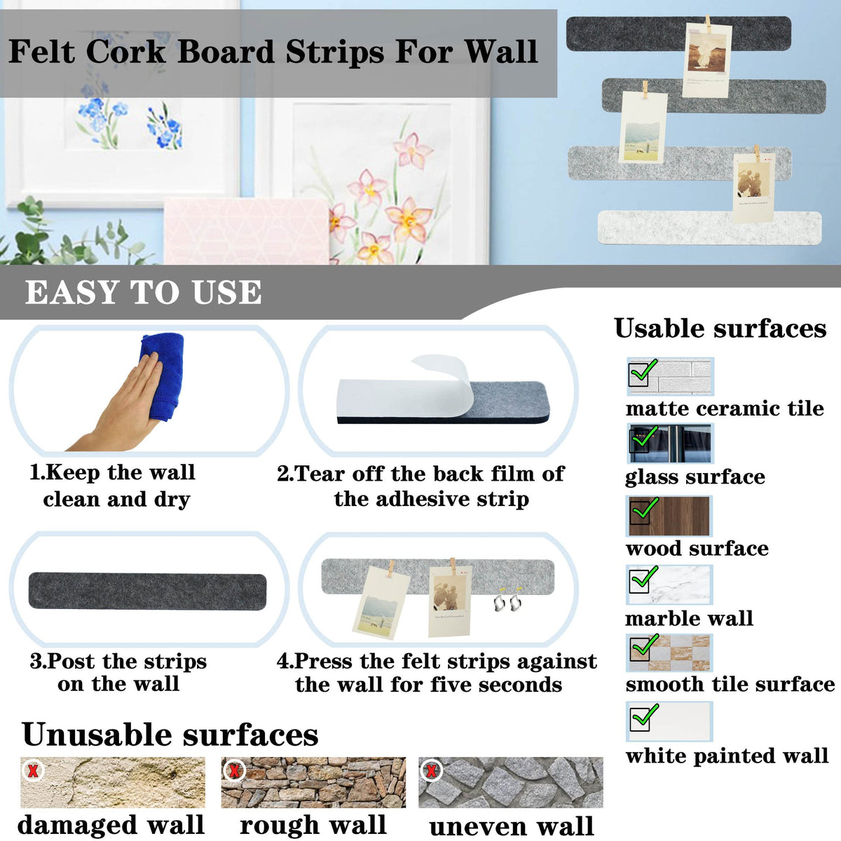 YOUDEFUL 8Pcs Bulletin Board Strip, Felt Cork Board with 50 Pushpins
