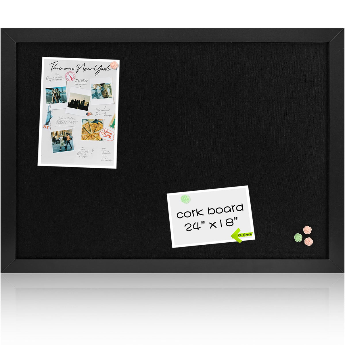 Board2by Black Cork Board Bulletin Board with Linen, Wood Framed 24" x 18" Corkboard, Office Board