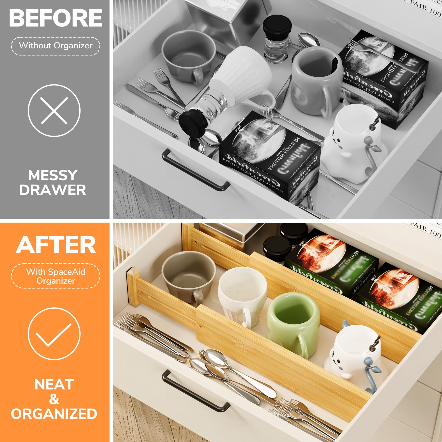 BAMEOS Bamboo Expandable Drawer Dividers – Fits 13.3"–19" Drawers, 3" Deep Walls, Set of 4 |