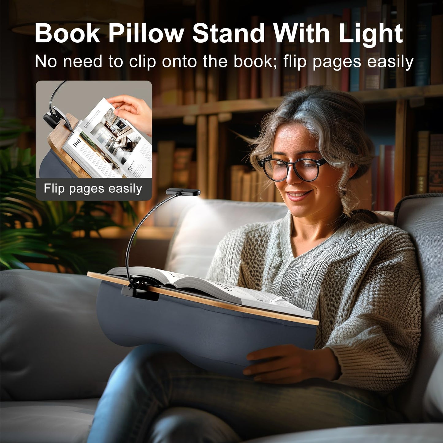 HUMANCOZY Reading Book Pillow Stand with 3-Color Adjustable Light