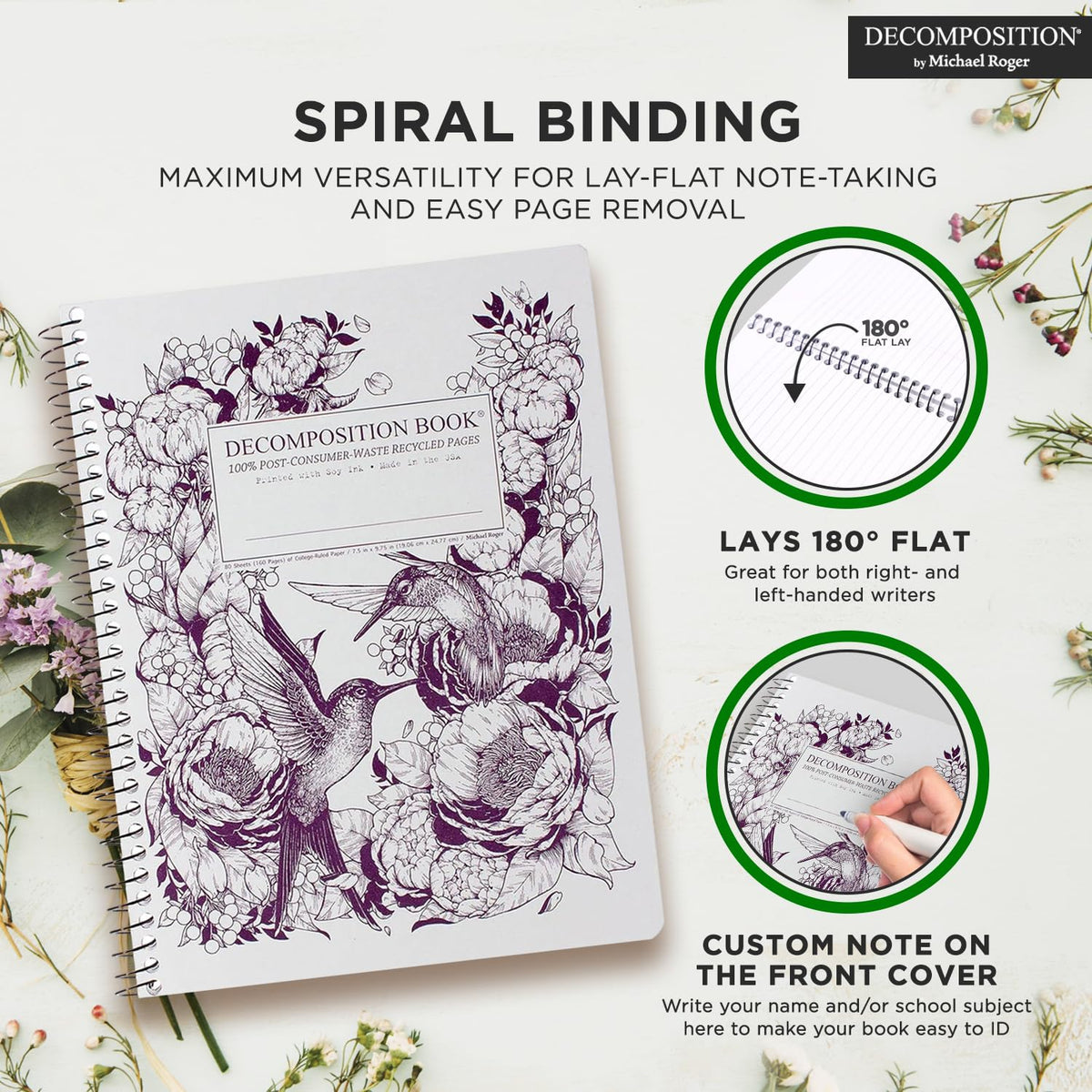 Decomposition Hummingbirds College Ruled Spiral Notebook - 9.75 x 7.5 Journal with 160 Lined Pages