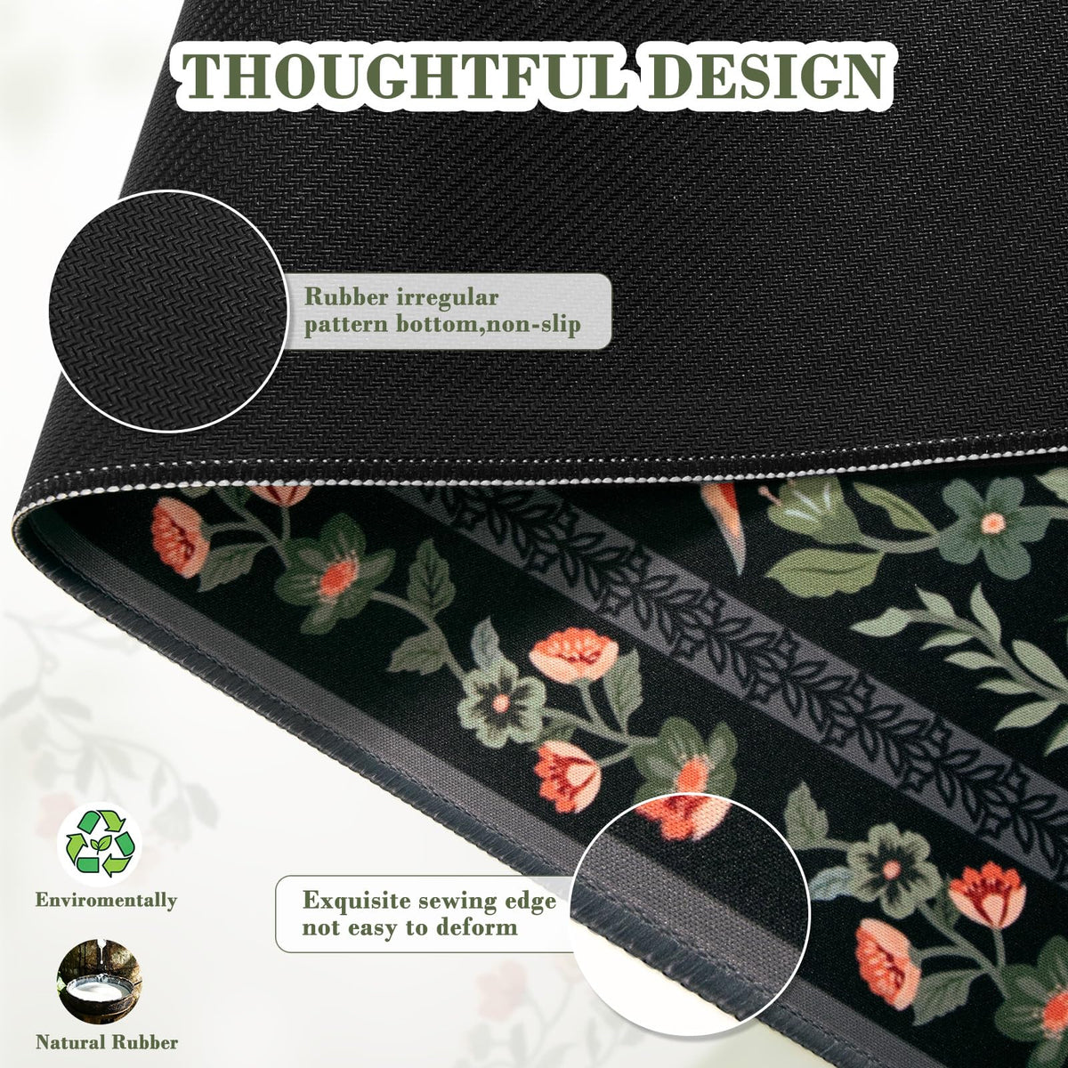 iCasso Floral Desk Mat,Mouse Pad for Office Decor,35.4x15.7in,Black