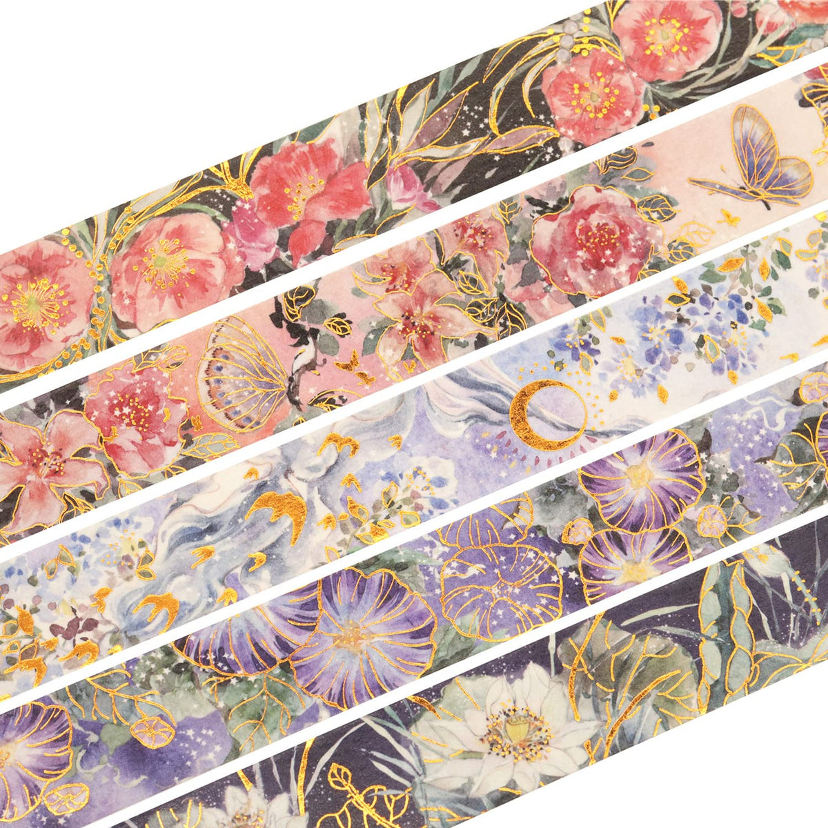 YUBBAEX Blooming Washi Tape Set Gold Foil Masking Tape Peony Wide Decorative for Arts, DIY Crafts