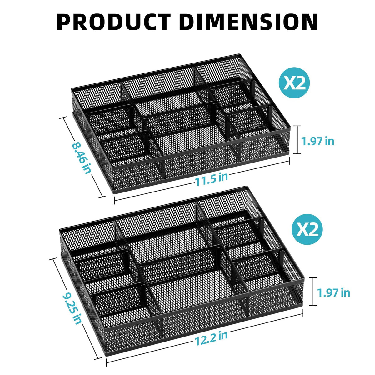 Marbrasse 2 Pack Desk Drawer Organizer, Mesh Drawer Organizer Tray with 8 Adjustable Compartments
