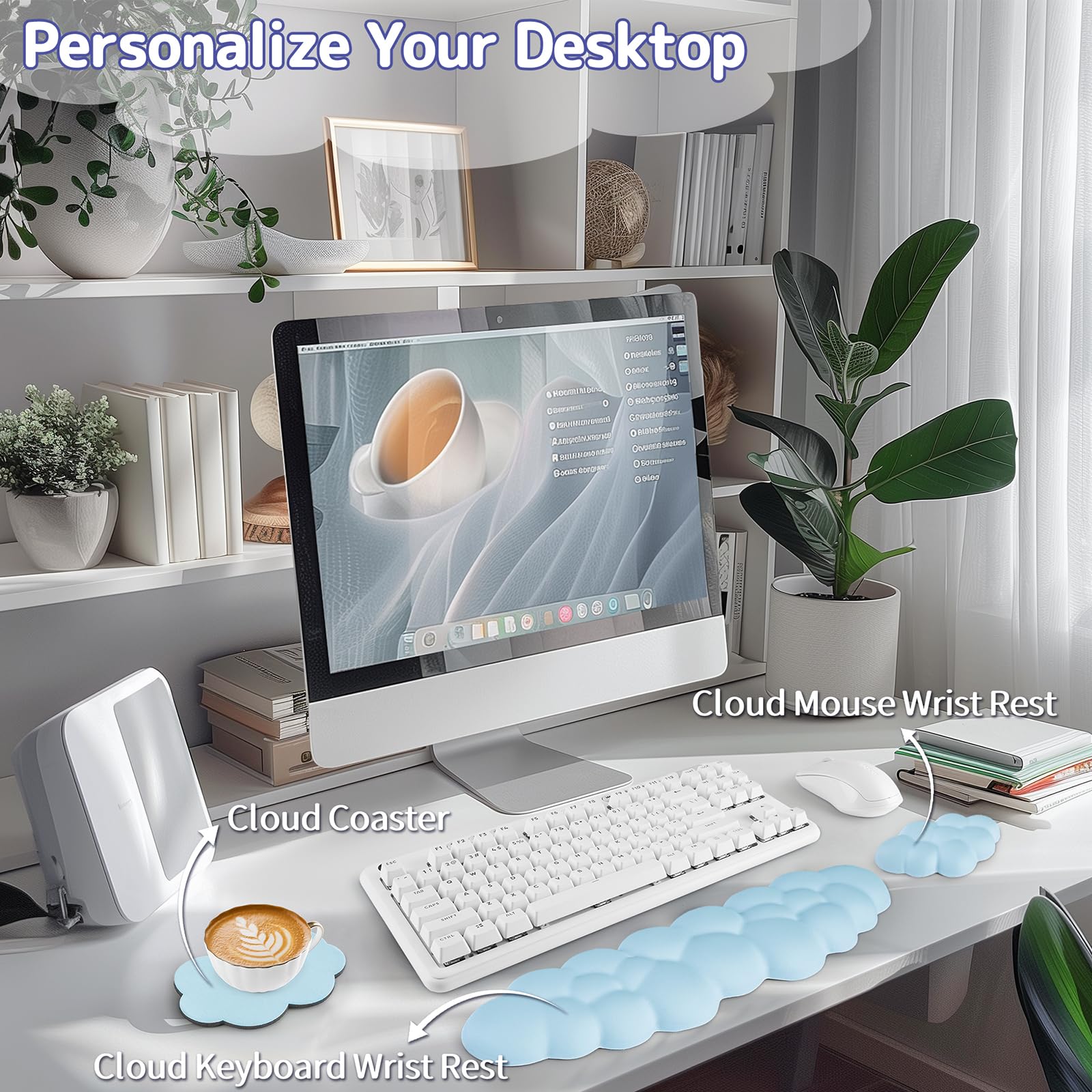 Sushret Cloud Wrist Rest Keyboard, Cloud Keyboard Wrist Pad Set with PU Leather Memory Foam, Cute