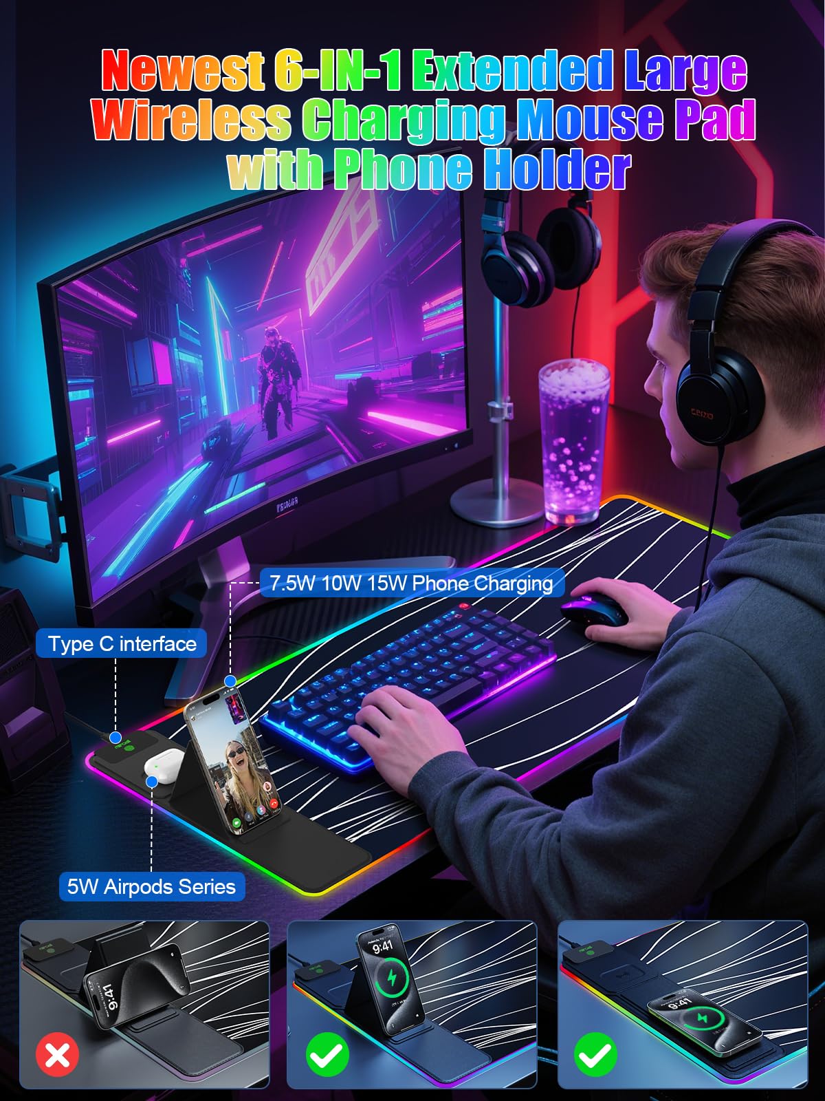 Mouse Pad with Foldable Phone Holder & Wireless Charger, XXL RGB Gaming Mousepad 31.5"x15.8" Large