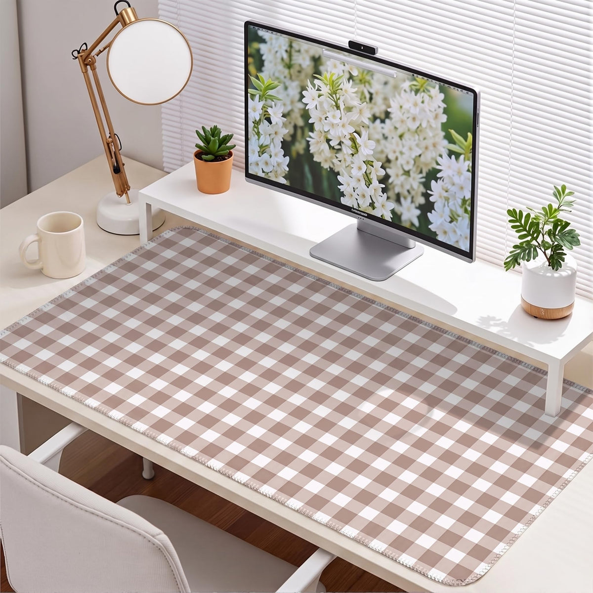Brown Checkered Gingham Desk Mat Pad XXL Large Mouse Pad Anti-Slip Big Mousepad with Stitched Edges