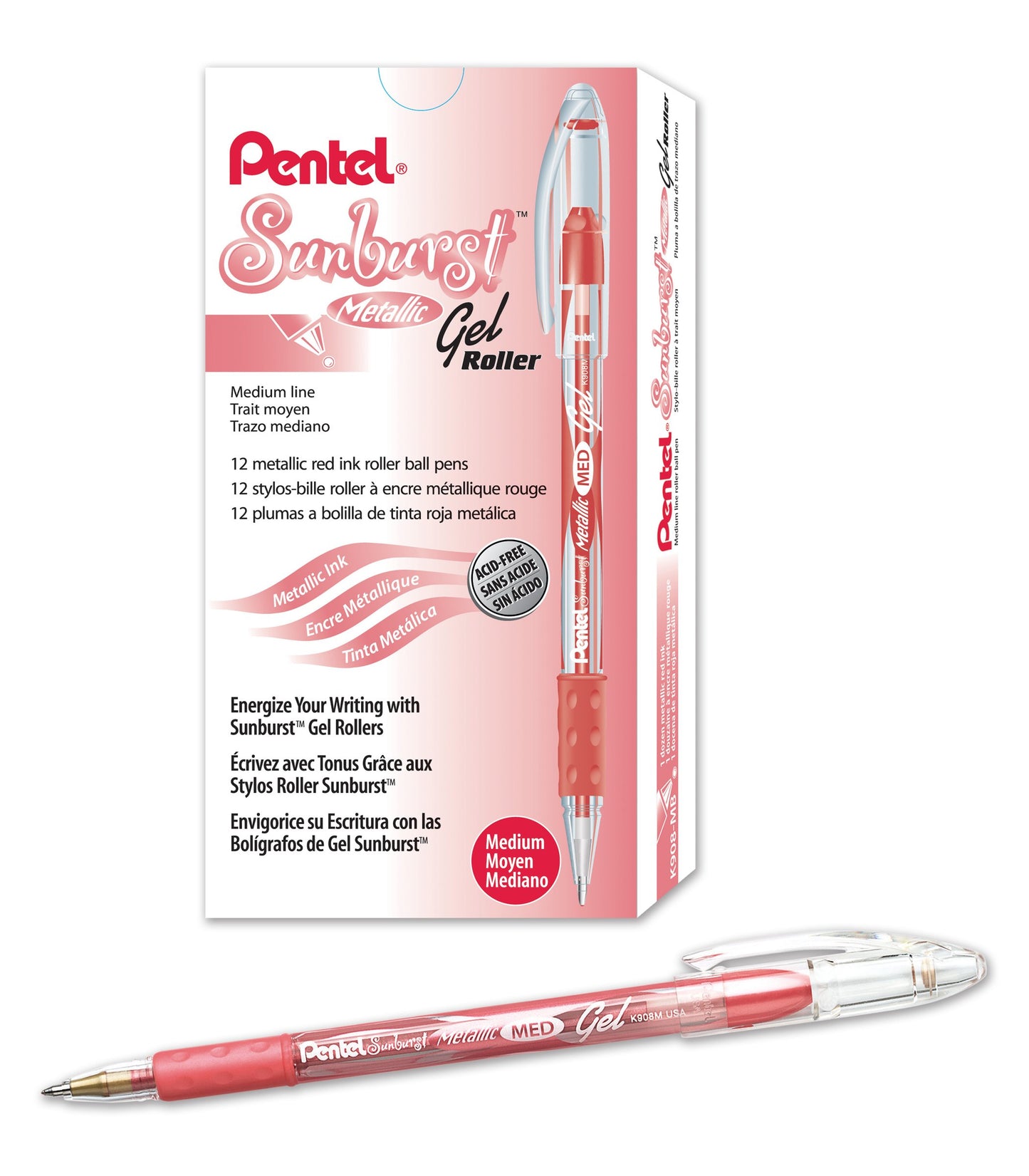 Pentel Sunburst Metallic Gel Pen, 0.8mm Tip Writes 0.4mm Line, Red/Transparent Barrel Red Ink, Box