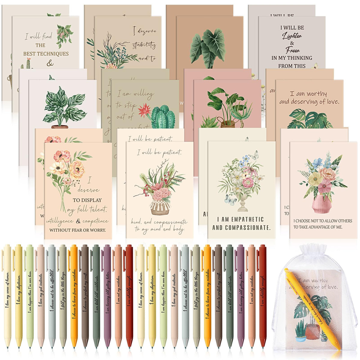 Mooliwe 48 Pcs Affirmation Notebooks Pens Bulk Gifts, Gratitude,Flower