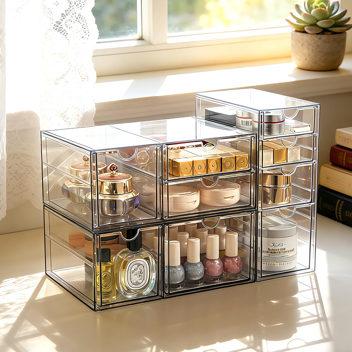 Prsildan Acrylic Drawer Makeup Organizer with 9 Drawers, Set of 3 Office Desk Organizers