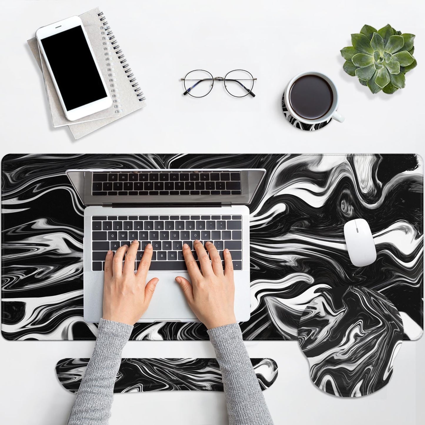 Britimes Keyboard Mouse Pad Set, 4 in 1 Desk Mat Set, Black White Marble