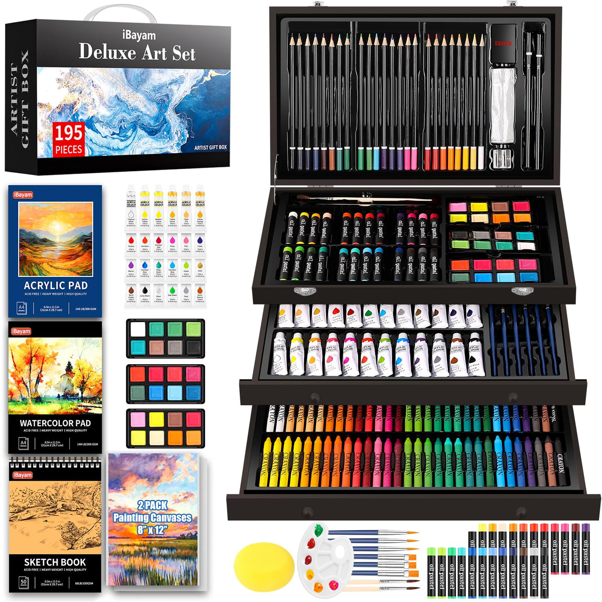 iBayam Art Set,195-Pack Arts and Crafts for Kids Ages 8-12, Deluxe Gift Box
