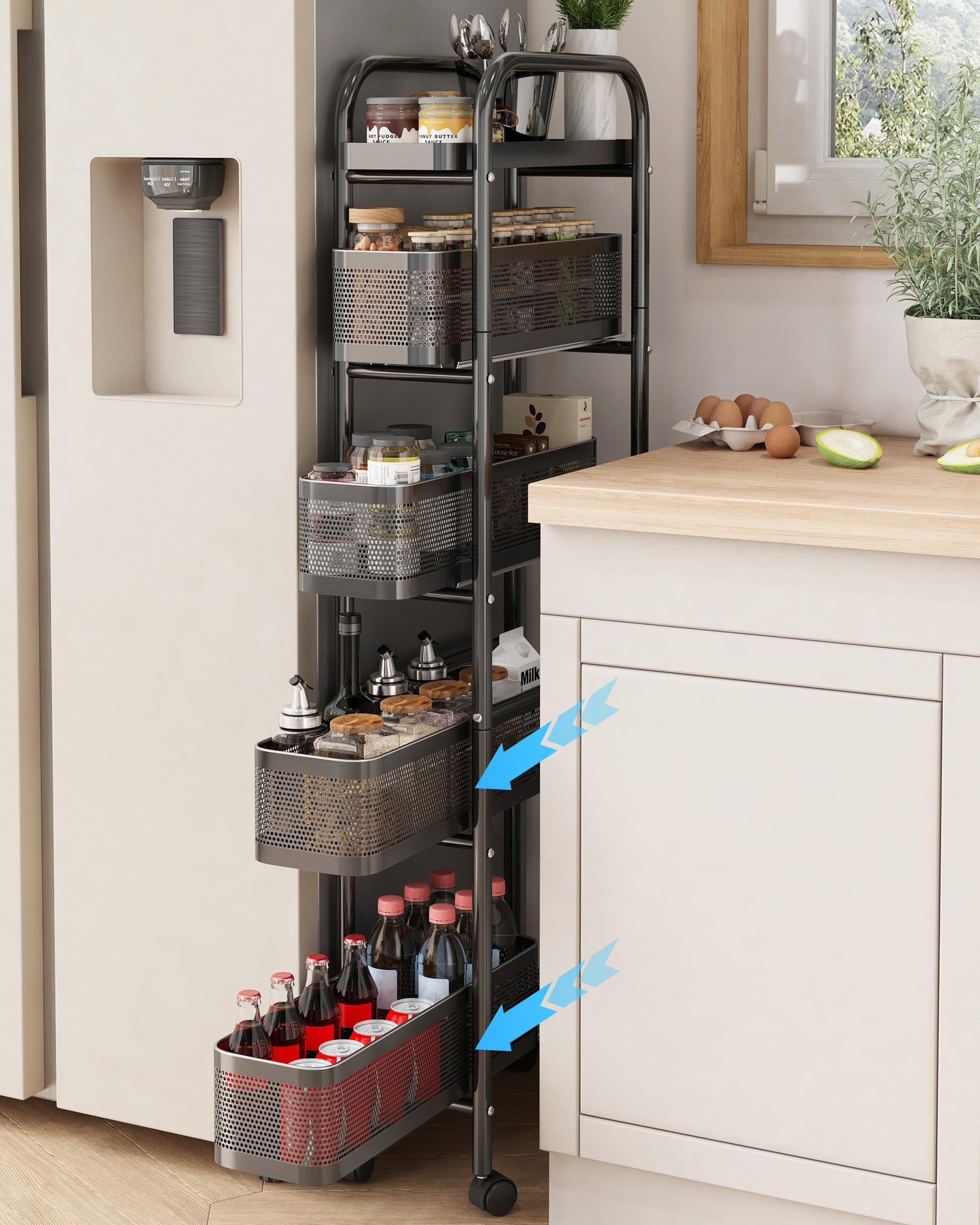 UMDONX 5-Tier Narrow Mobile Storage Cart with Pull-Out Baskets