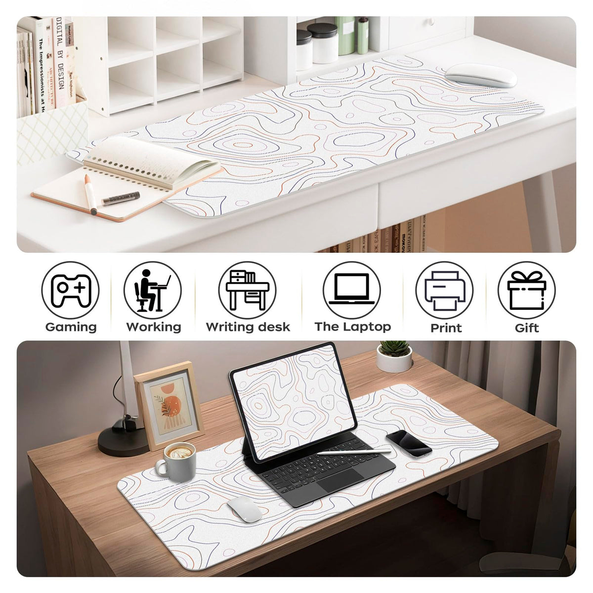 White Topographic Map Desk Mat 35.4" x 15.7", PU Leather Computer Laptop Mat, Non-Slip Waterproof