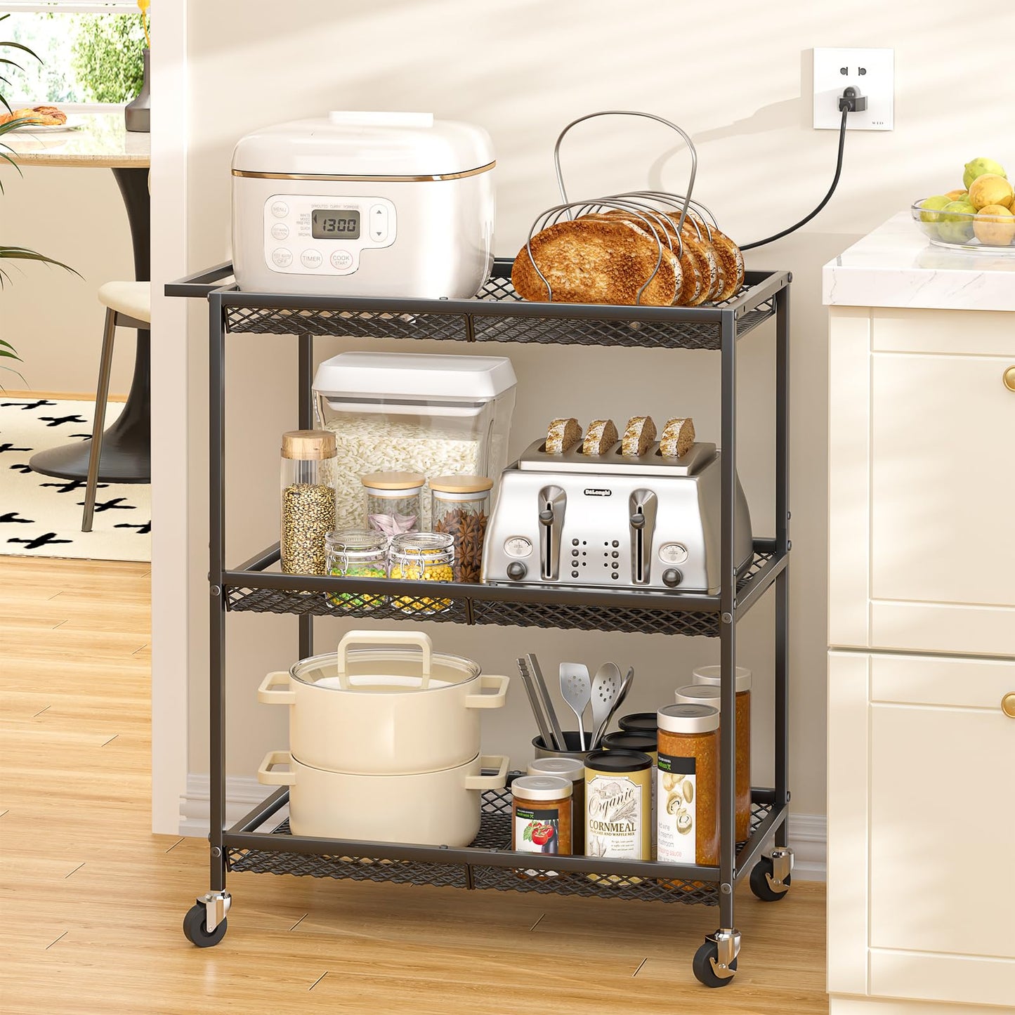 3 Tier Rolling Utility Kitchen Cart, Heavy Duty Wire Rolling Cart on Wheels, Commercial Metal