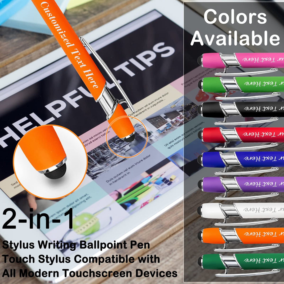 10 Pcs Personalized Pens in Bulk with Stylus Tip - Custom Print with Name 0.5 mm Soft Touch Medium