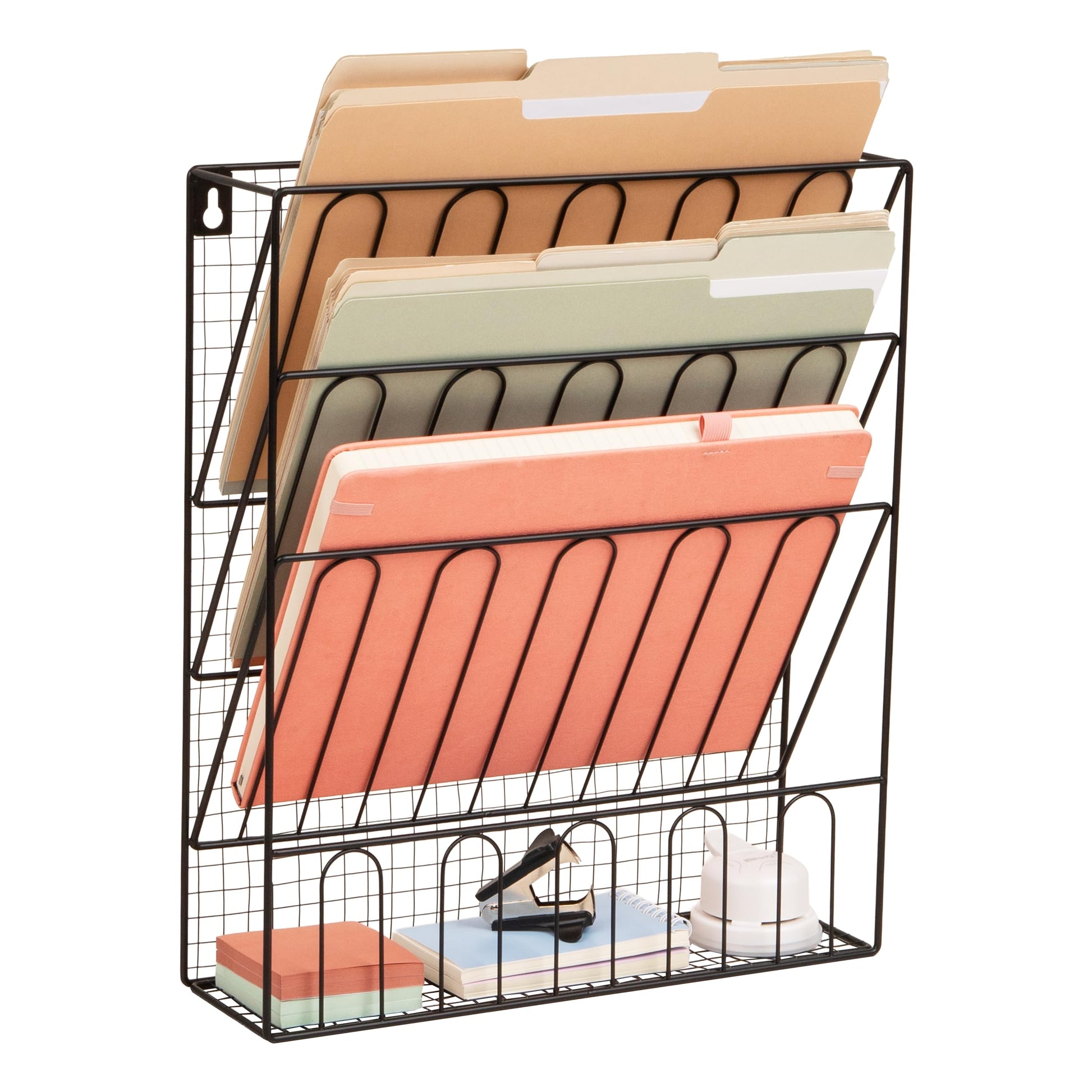 Mind Reader Metal Wire Desktop Organizer, Vertical File Holder, Hooks and Storage Tray, Wall Mount