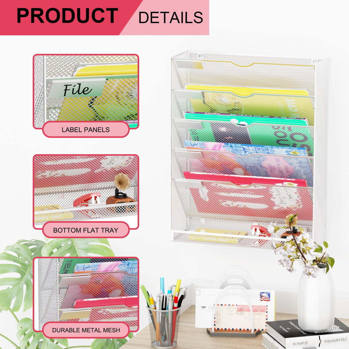 GDINDINFAN Hanging Wall File Organizer 6 Tier Wall Mounted File Holder Document Wall Organizer