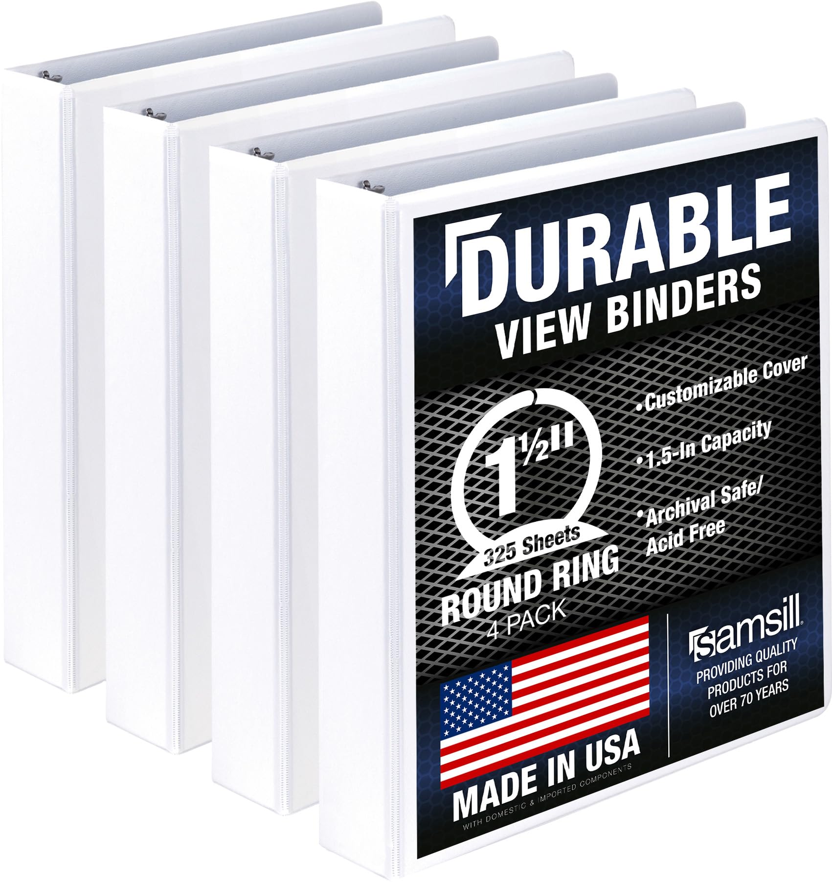 Samsill 4 Pack Durable 1.5 Inch 3 Ring Binders, Round Ring, Clear View Cover for Presentations