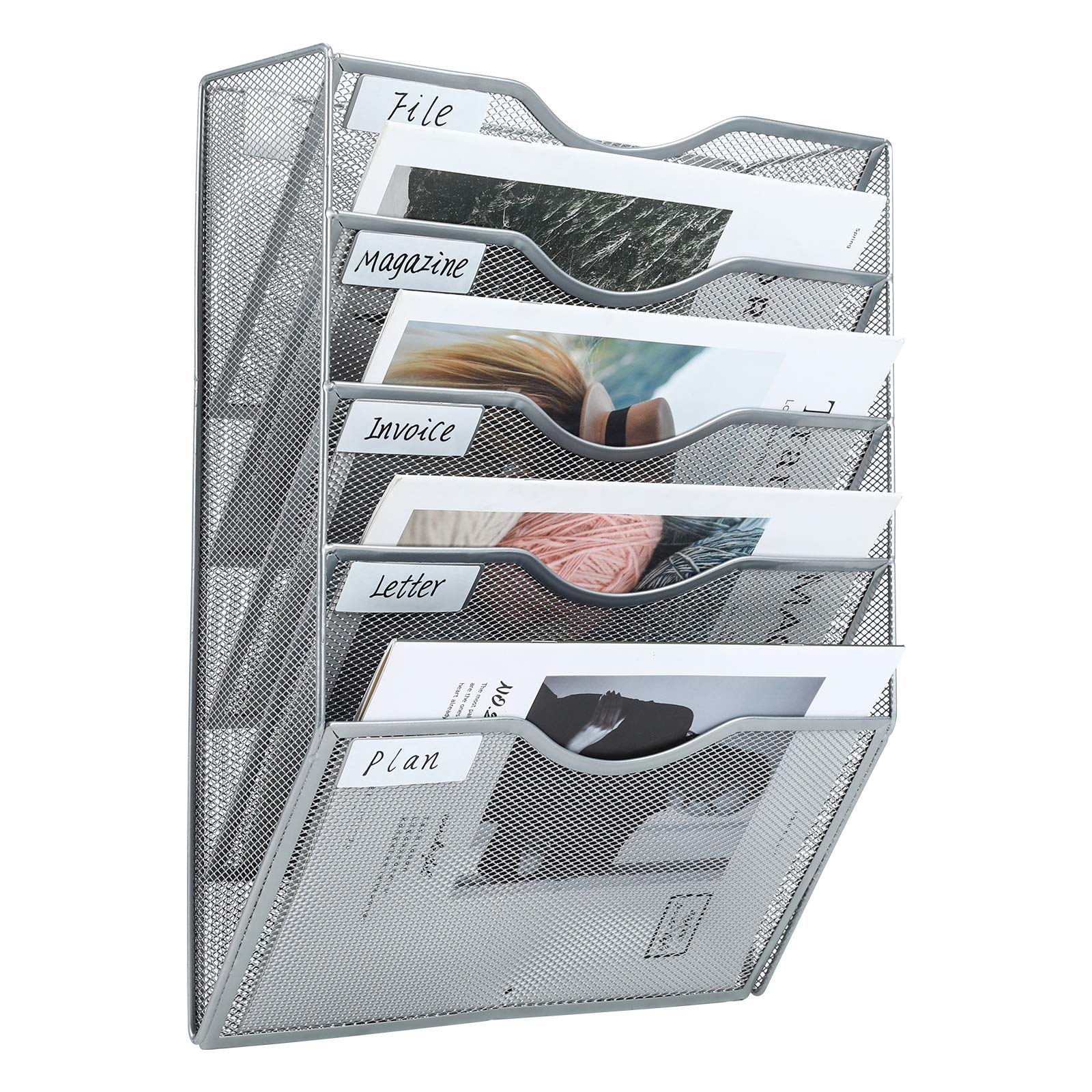 PAG-Mass Hanging Wall File Holder Mail Organizer Wall Mount Document Letter Rack, 5-Tier, Silver