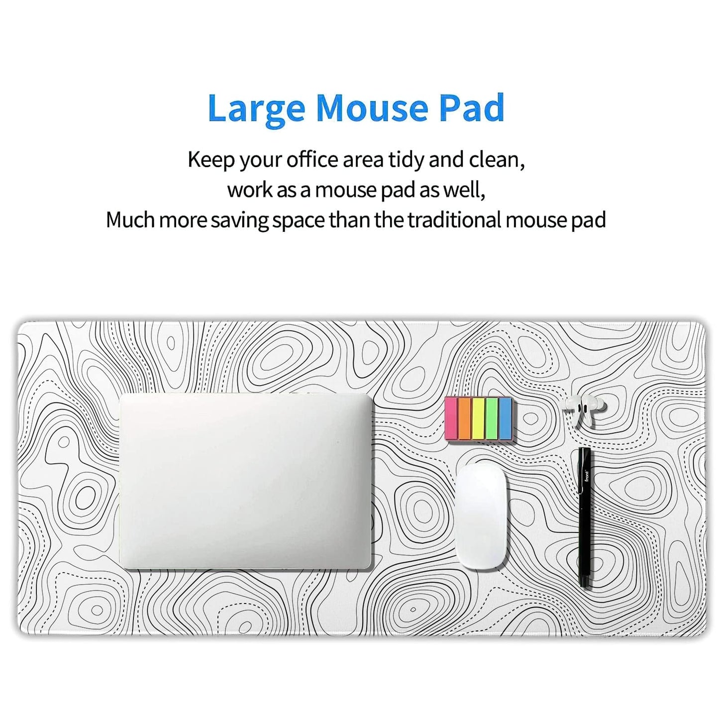 Topographic Contour White Gaming Mouse Pad XXL Geographic Map Lines Extended Big Large Desk Mat