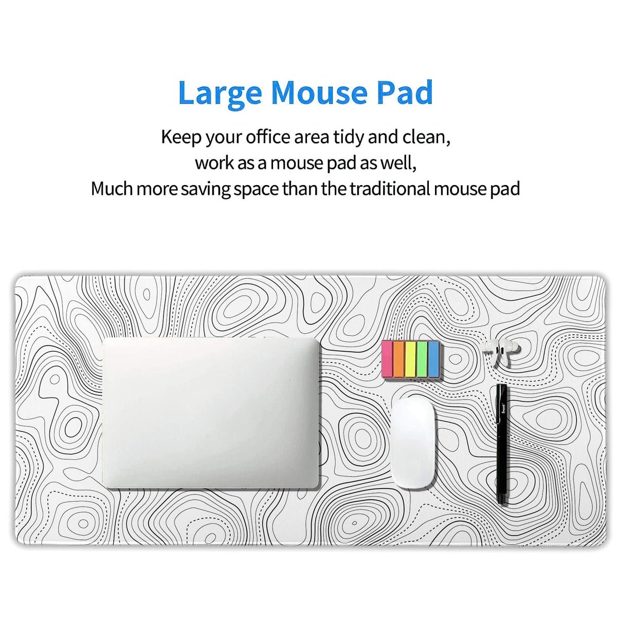 Topographic Contour White Gaming Mouse Pad XXL Geographic Map Lines Extended Big Large Desk Mat