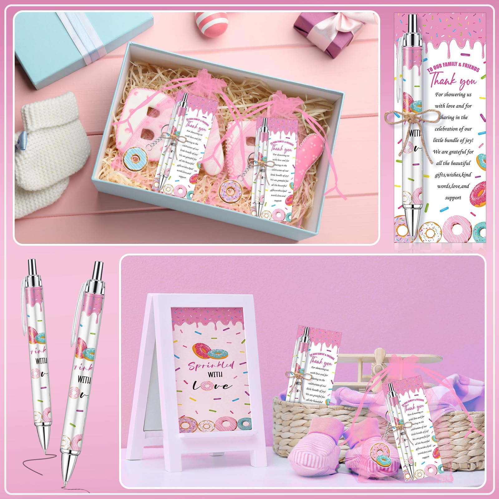 EYNDYN 145 Pieces Donut Baby Shower Favors for Guest Sprinkled with Love Ballpoint Pens and