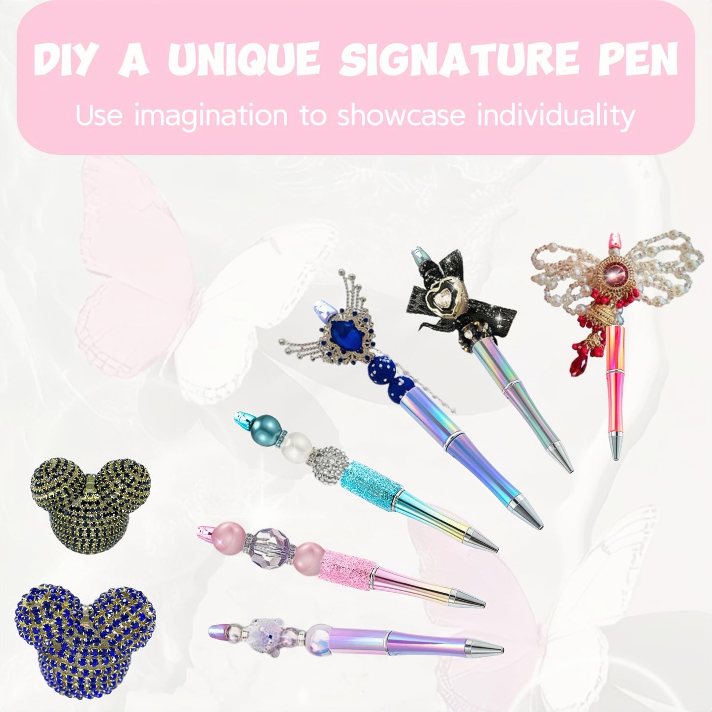 KUNHEHO Beadable Pens 25 Pcs Blue Gradient Colors Shiny Fancy Pens Bulk for Women Focal Beads Pens