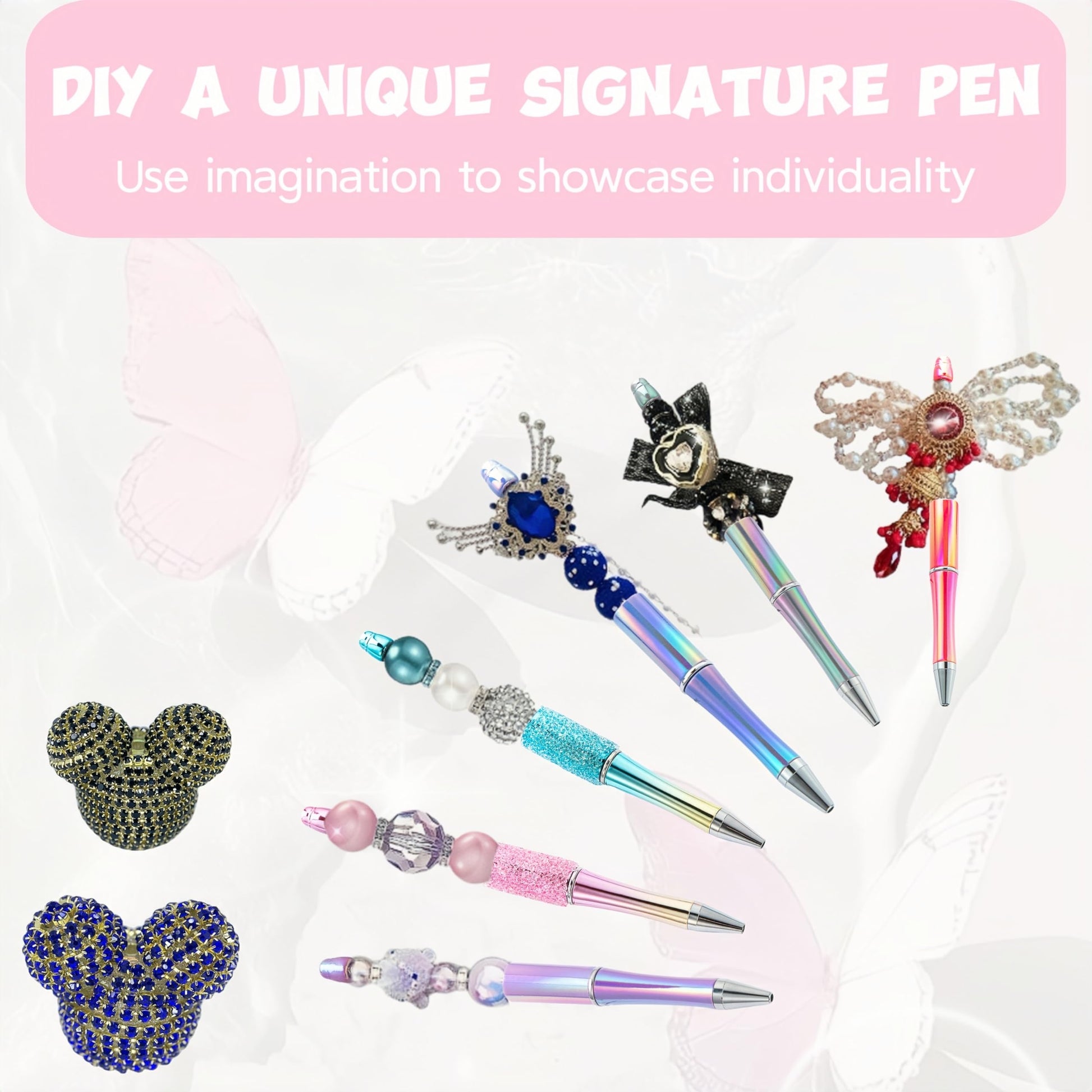 KUNHEHO Beadable Pens 25 Pcs Pink Gradient Colors Shiny Fancy Pens Bulk for Women Focal Beads Pens