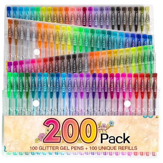 Reaeon 200 Glitter Gel Pen Set, 100 Gel Pens plus 100 Refills Glitter Neon Pen for Coloring Books