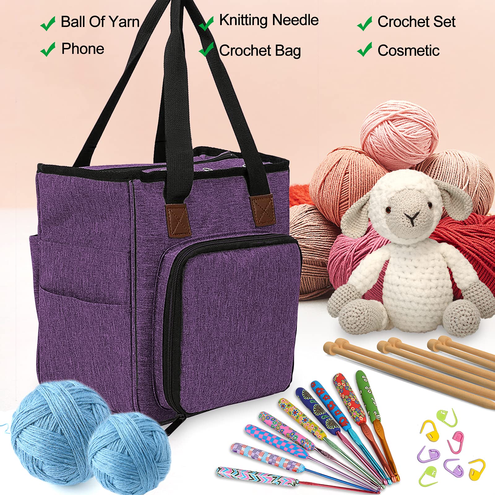 Coopay Crochet Bag w/Shoulder Strap, Yarn Storage Knitting Tote Bag-Purple