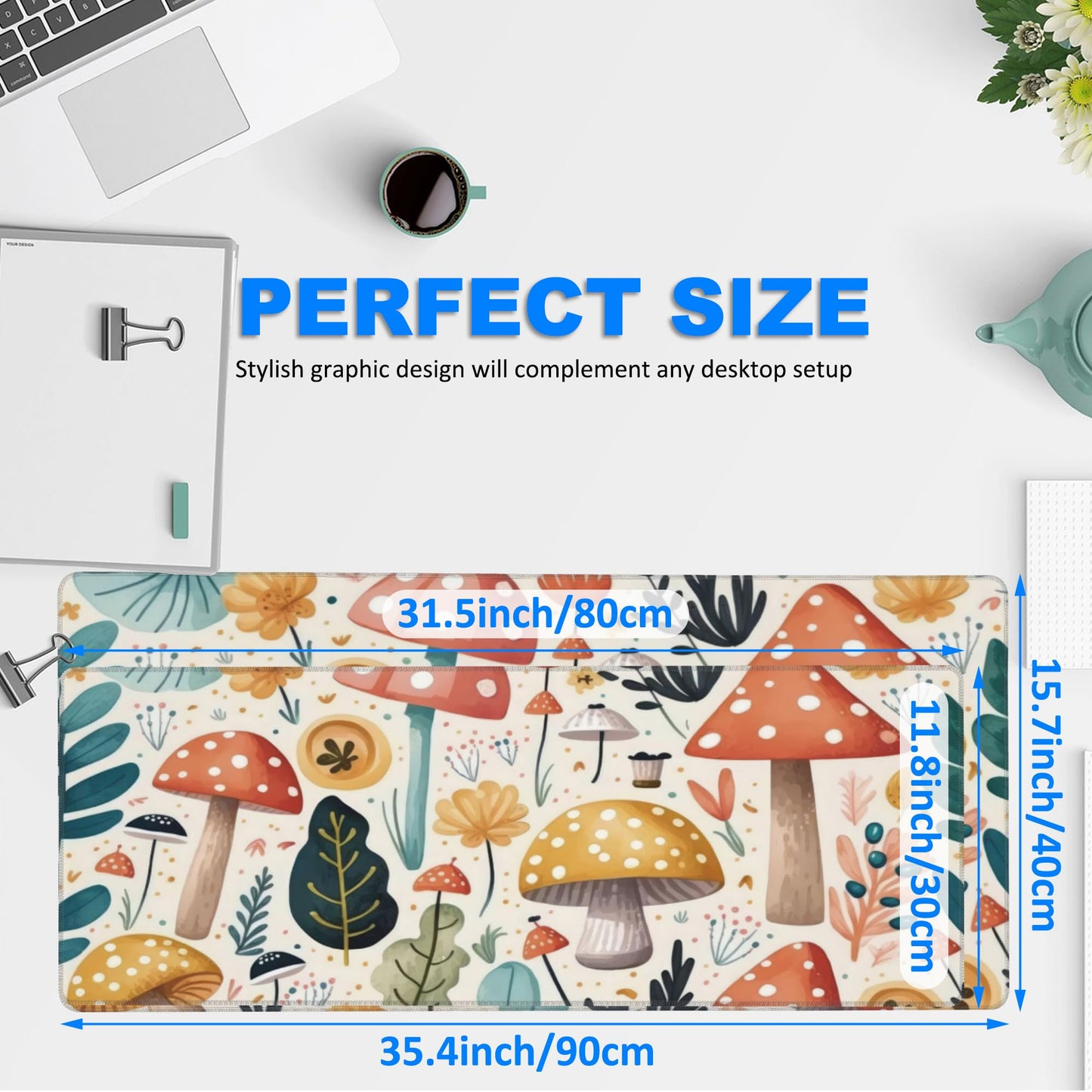 Desk Pad, Hand Drawn Charming Mushroom and Leaves Extended Gaming Mouse Pad Large, 31.5"x11.8" Big