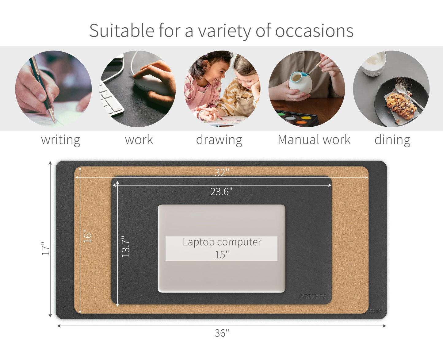 RENMTURE Desk Pad, Cork & PU Leather Desk Mat, Large Mouse pad, Non-Slip Desk Protector and