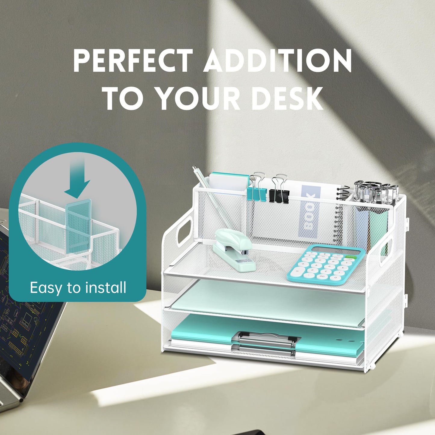 3-Tier Desk Organizer with Pen Holder and Handles, Paper Organizer, White
