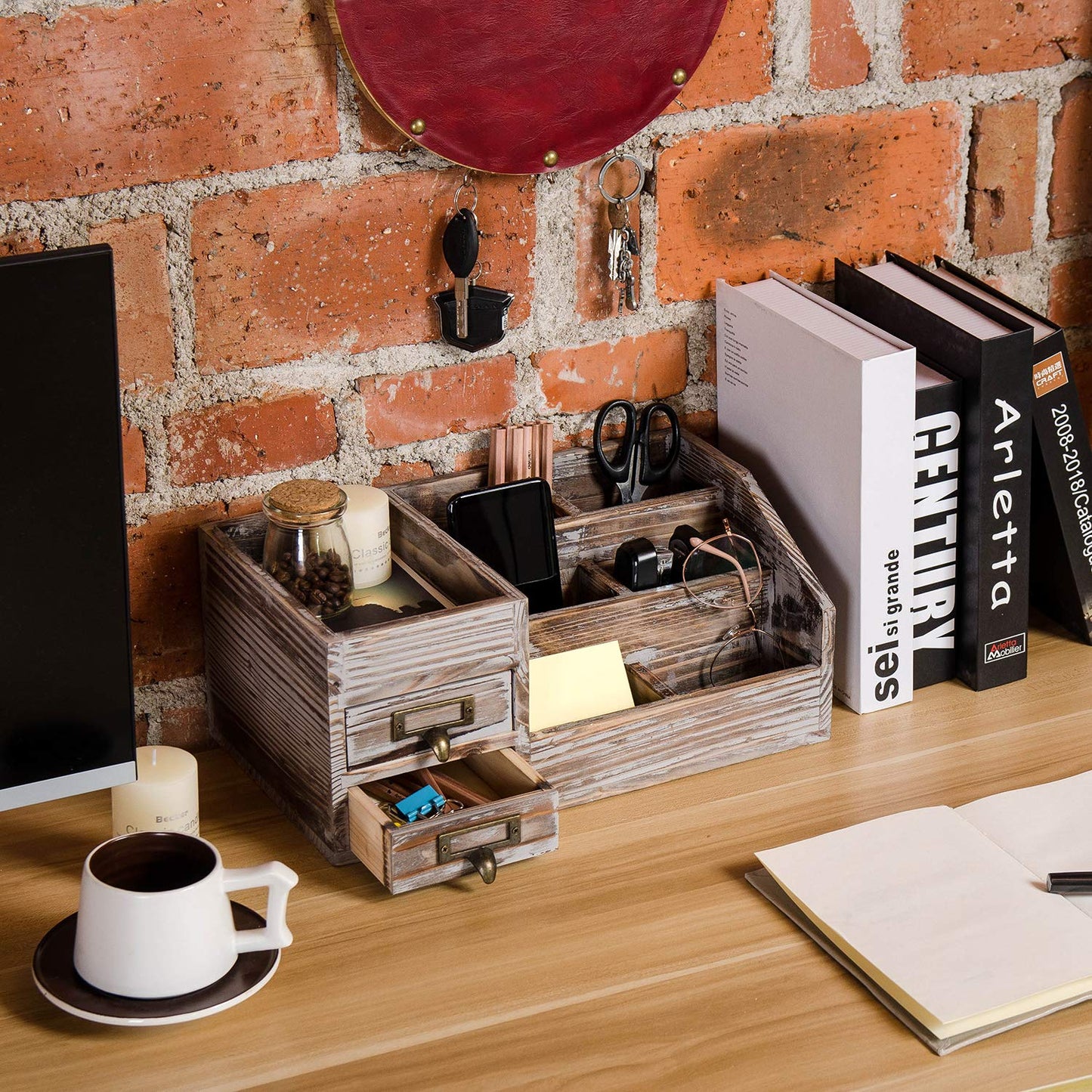 Liry Products Rustic Torched Wooden Desktop Organizer Dark Brown Tabletop Storage Cabinet Stepped