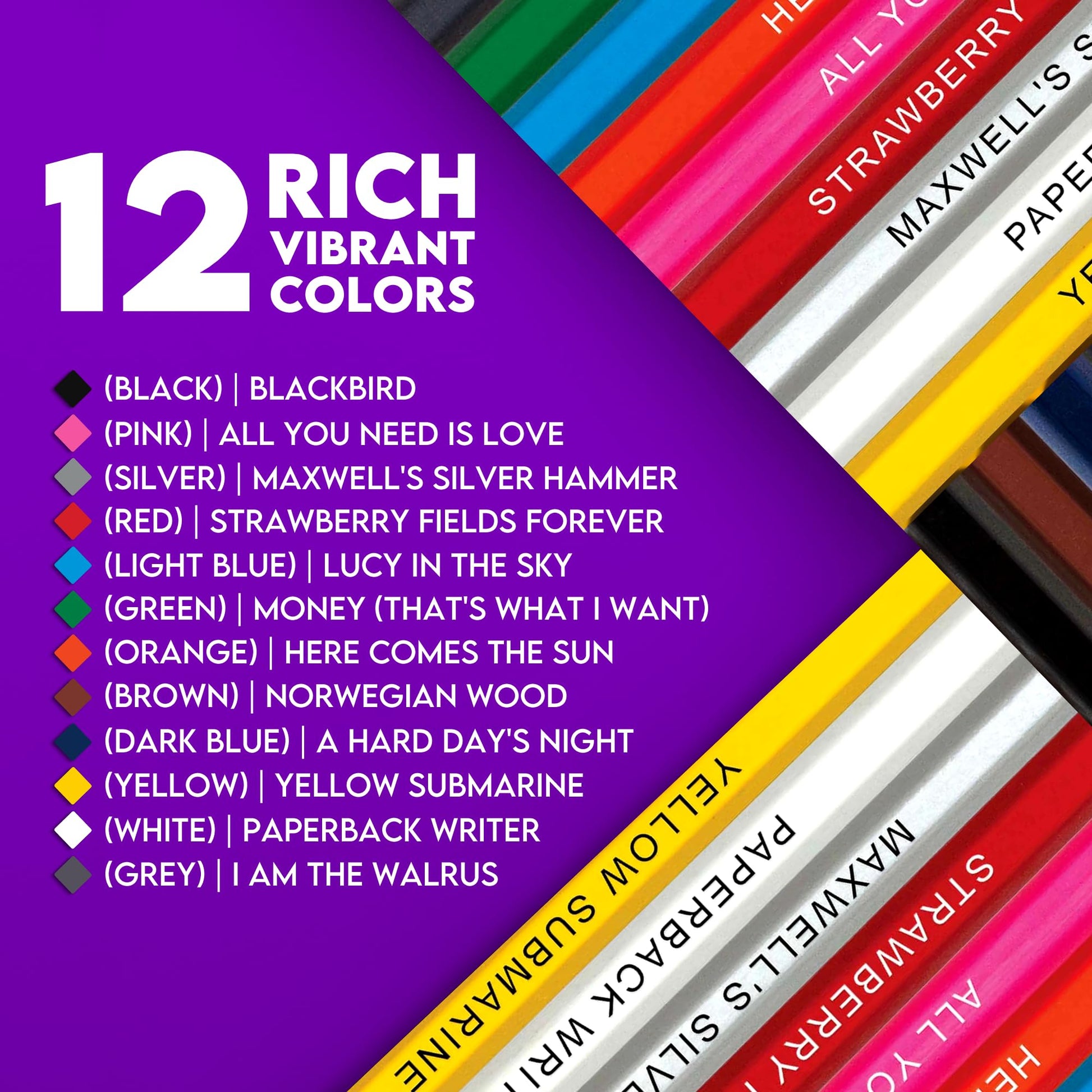 Pun Labs Music Icons Colored Pencils, 12 Foil-Stamped Gift Set