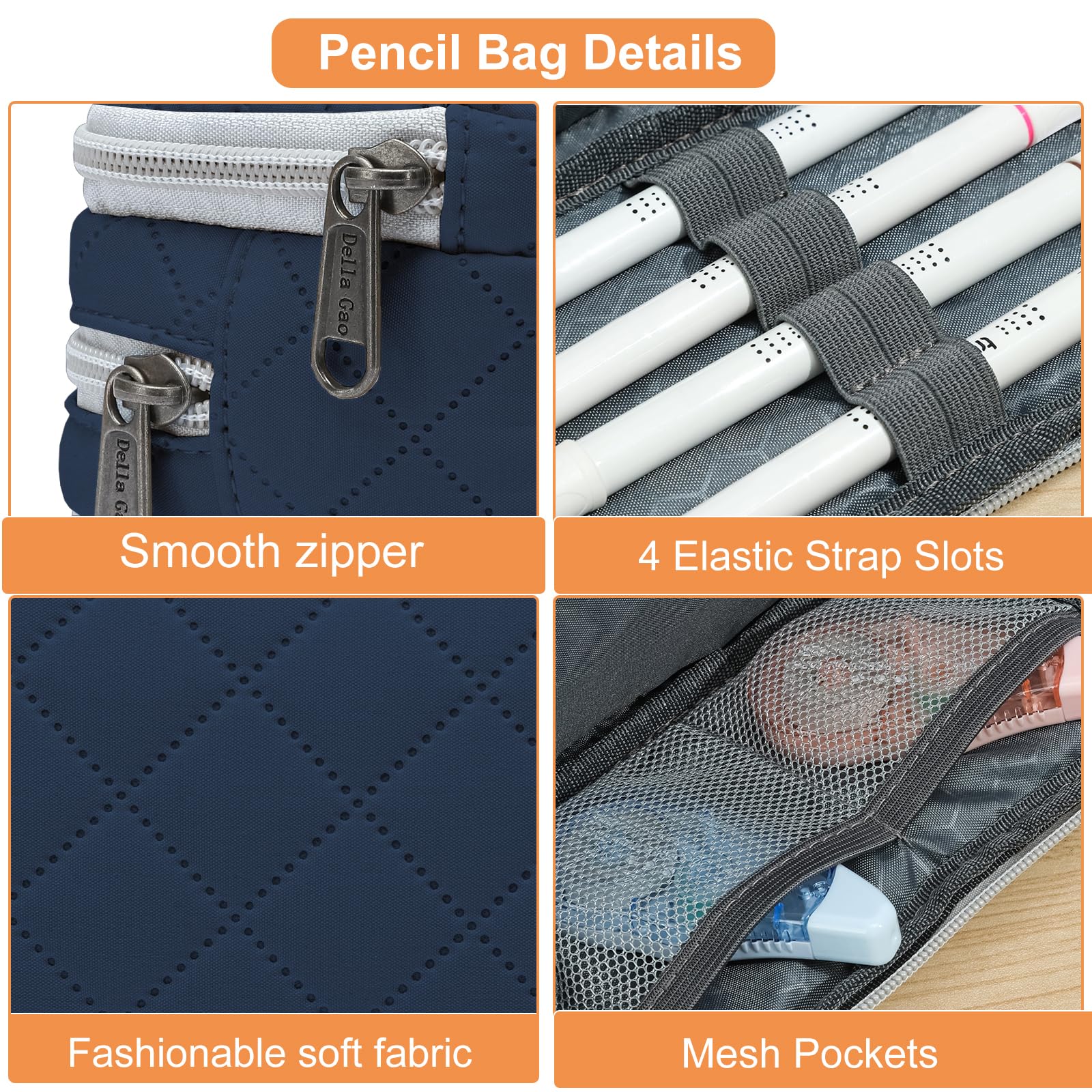 Della Gao Large Pencil Case, Big Capacity Pencil Pouch with 3 Compartments