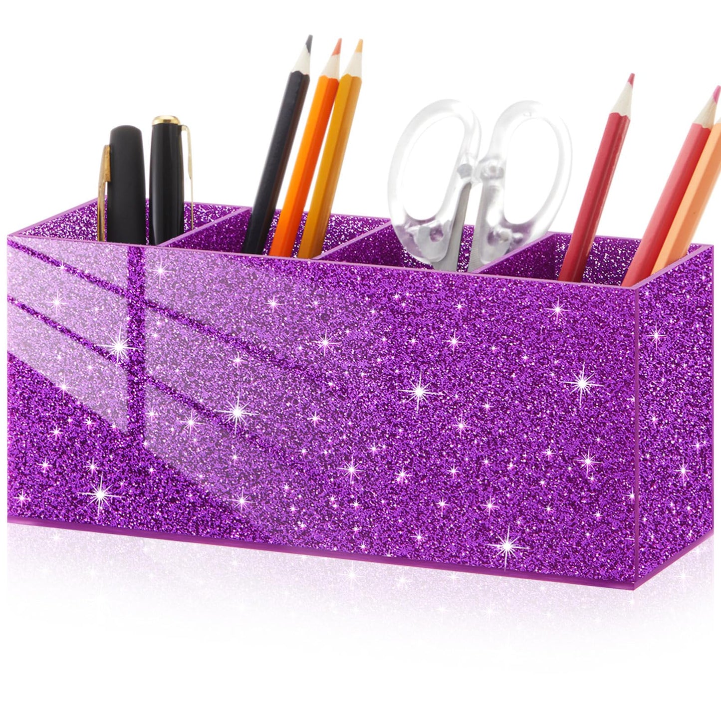 Jetec Acrylic Pen Holder for Girl Desktop, 4 Compartments, Sparkly Purple