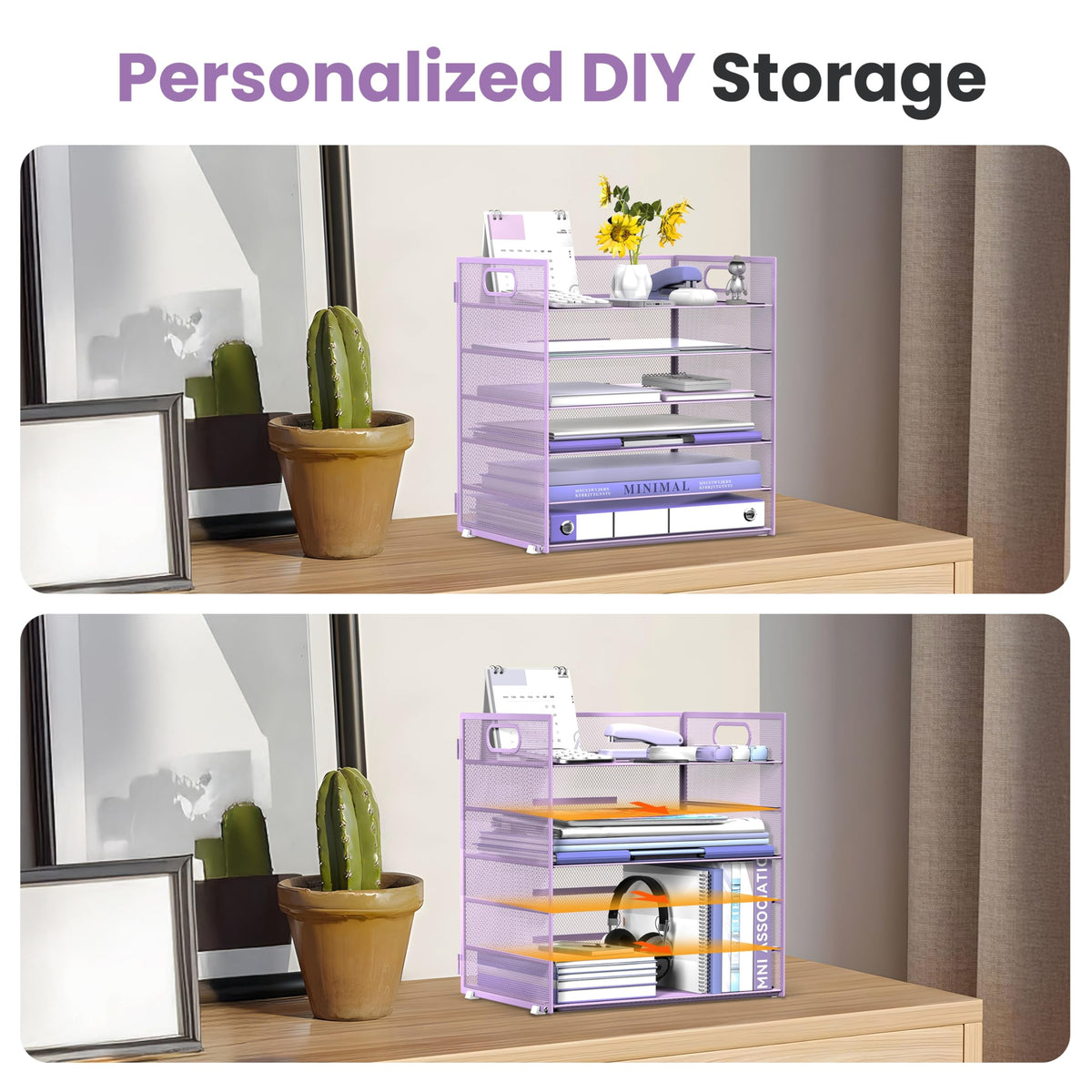 Daltack 6-Tier Paper Organizer for Desk with Handle, Purple, 2 Pack