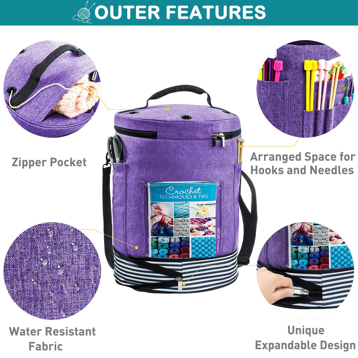 MYBAGZING Expandable Crochet Bag Organizer w/Yarn Grommets& Zipper Closure