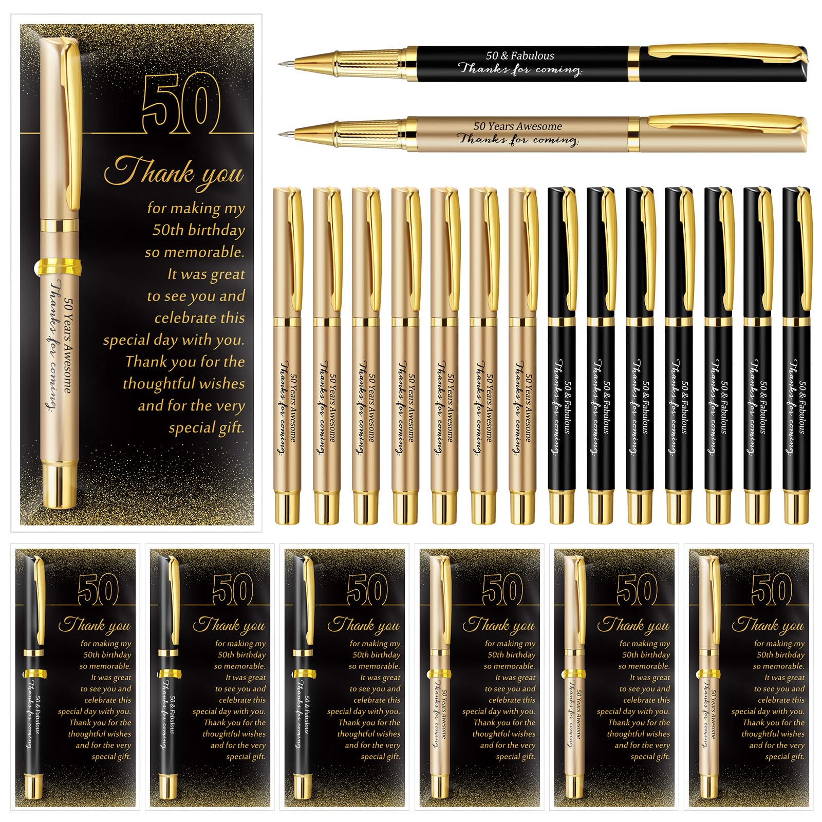 Feifeiya 50 Set 50th Birthday Party Favors with Black Gold Pens and Cards