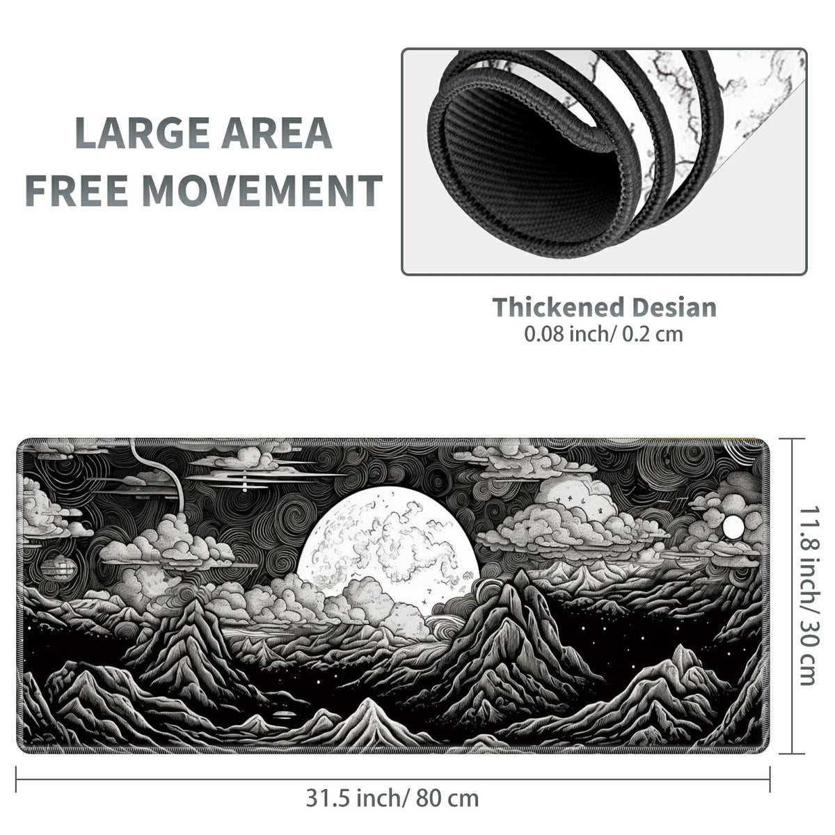 Large Gaming Mouse Pad Plus a Coasters + Cable Clips, White Black Landscape Extended Mousepad (31.5
