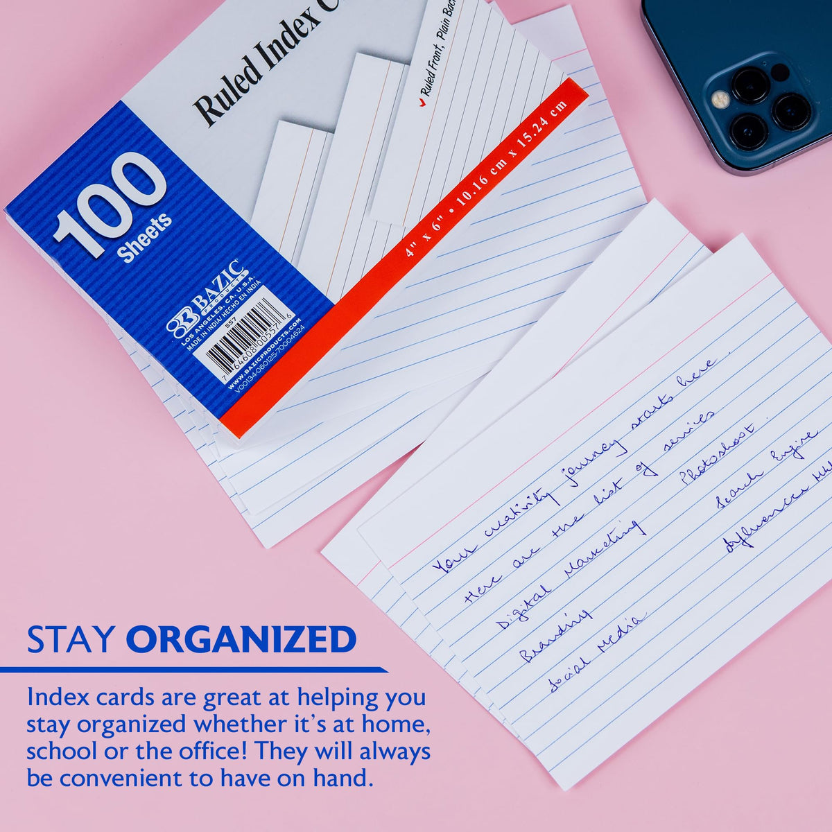 BAZIC Products White Ruled Index Cards, 4 x 6 in, 100 Ct, 24-Case