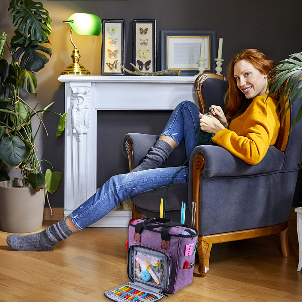 LOOEN Yarn Knitting Storage Tote-Large Capacity Crochet Organizer Portable Travel Bag with Shoulder